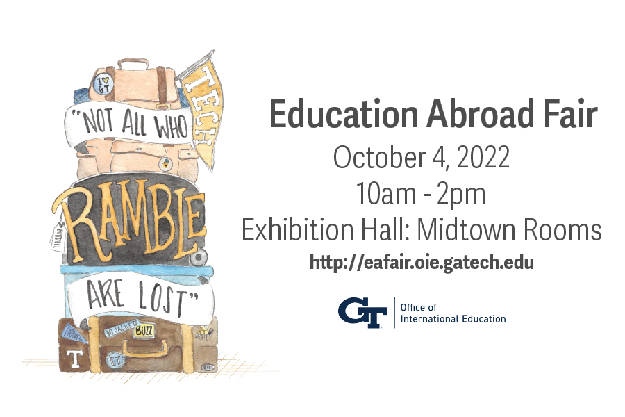 A drawing of 3 pieces of luggage stacked and water colored in a whimsical style with a banner and the words: not all who ramble are lost written across the luggage is set next to an announcement of the education abroad fair on October 4, 2022 in the Exhibition Hall: Midtown rooms